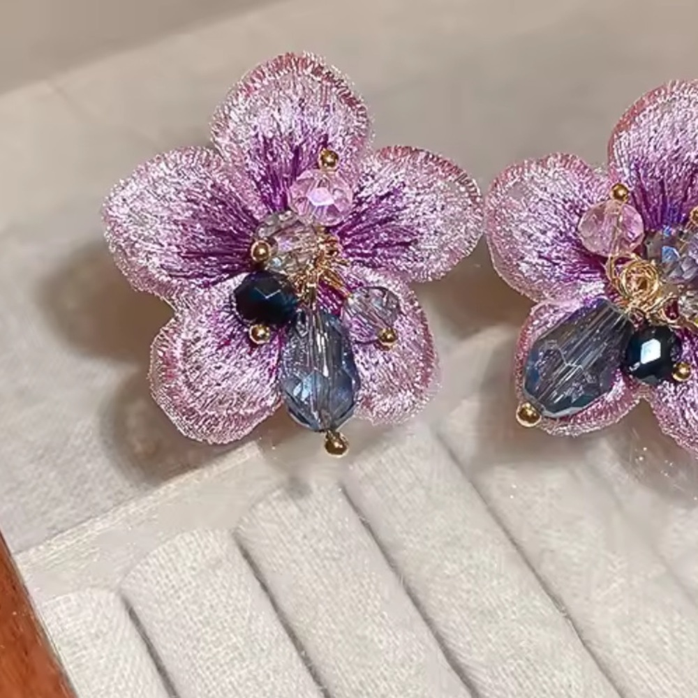 Floral Earrings with Purple and Gold Accents - Picture 3 of 7